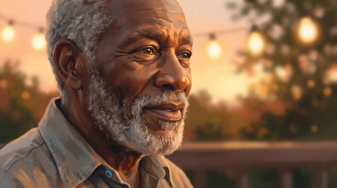 An older man with a gray beard, mid-story, eyes bright with a memory.