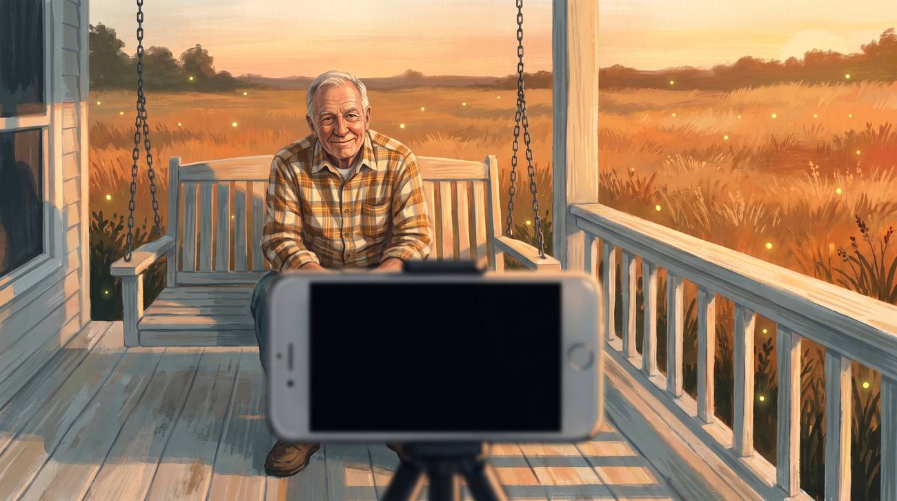 An older man smiling on a porch swing, with an iPhone on a small tripod in the foreground.
